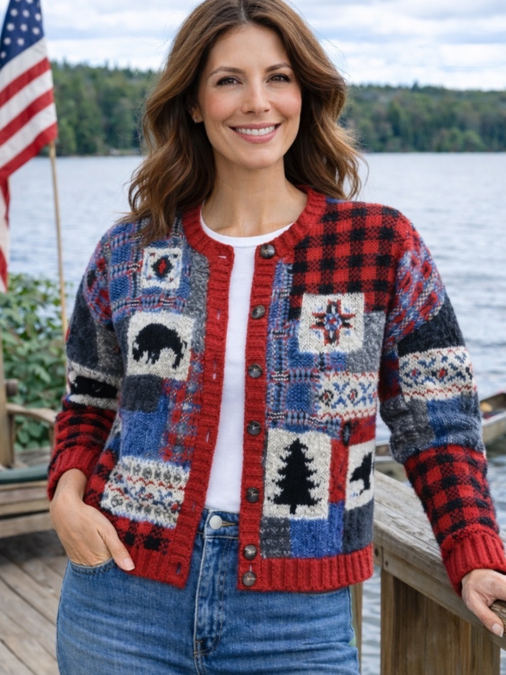 ROBERT SCOTT LTD Hand-Knitted Patchwork Americana Cardigan Sweater Size Small